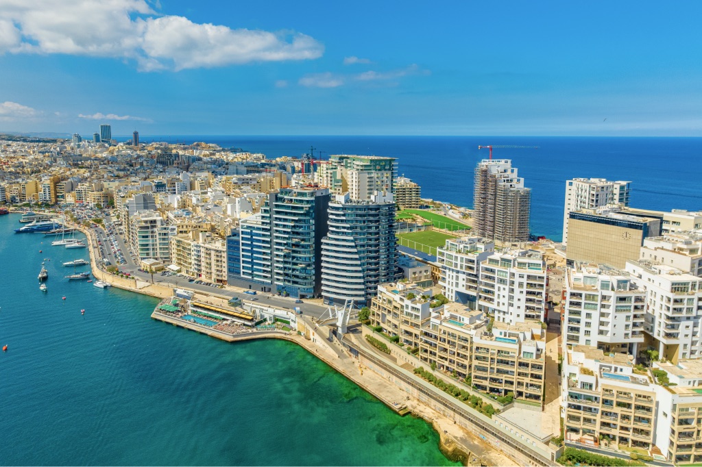Aerial view of the St Julian’s and Sliema coastline in Malta